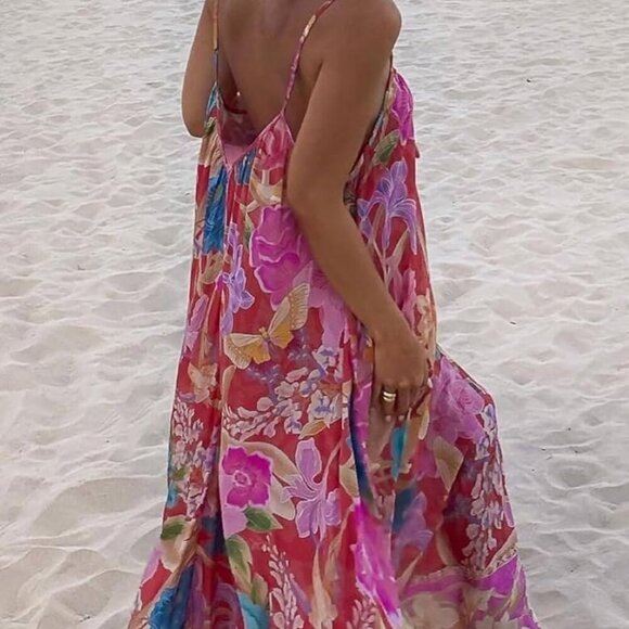 Women Slouchy Boho Floral Vacation Maxi Dress Summer Spaghetti Straps Beach - Picture 2 of 3